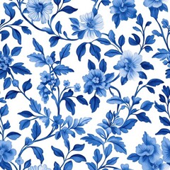 Fototapeta premium A delicate blue floral pattern on a white background, featuring various blooms and leaves, creating a fresh and elegant aesthetic.
