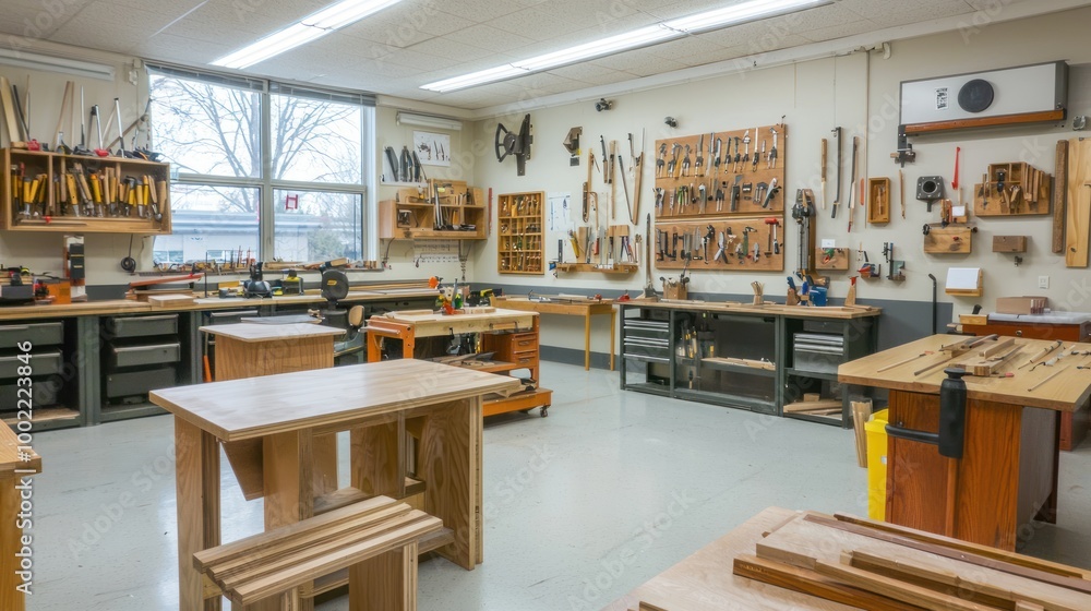 Poster a woodworking classroom with various student projects on display, showcasing creativity and learning
