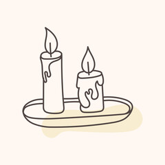 Two burning candles on a tray. Cozy fall and winter hand drawn illustration.
