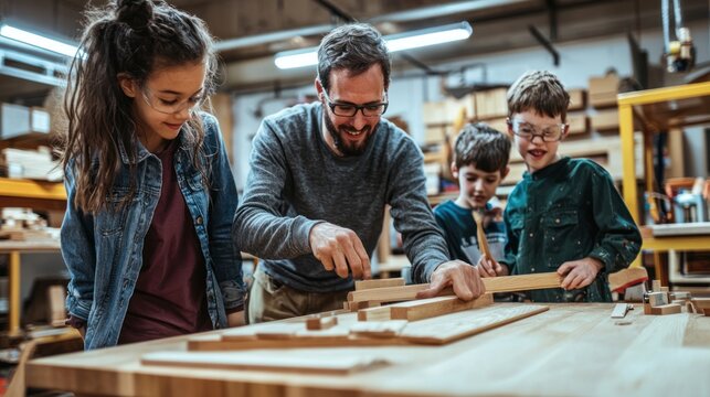 A teacher guiding students through a woodworking project in a school workshop.