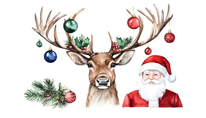 Fototapeta premium Reindeer headshot with antlers decorated in holiday ornaments, Santa Claus smiling next to it, joyful holiday moment