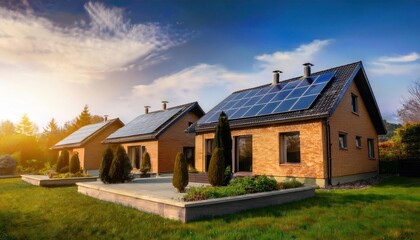 Obraz premium Beautiful houses with solar panels on the roof 