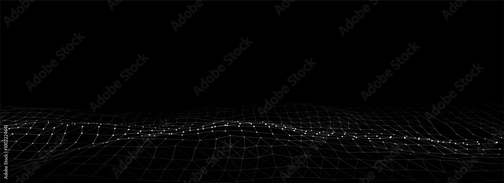 Poster dynamic wave with connected dots and lines on a black background. digital wave background concept. a