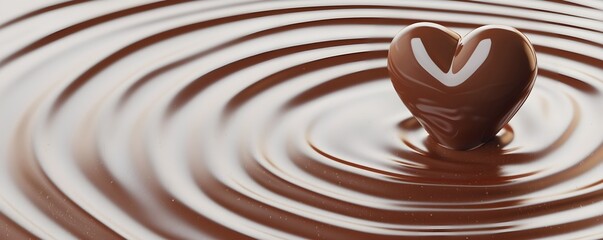Romantic chocolate heart rising gracefully from a pool of liquid chocolate, surrounded by gentle ripples, representing sweetness and affection