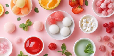 A colorful assortment of desserts and fruits displayed in bowls on a pink background, featuring mochi, berries, and gelatin.