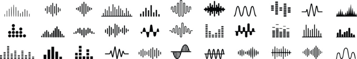 Sound waves icons set. Analog and digital audio signal collection. Music equalizer. Interference voice recording. High frequency radio wave. Vector illustration.