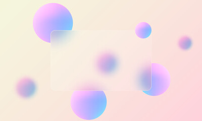 Glass rectangular banner with floating spheres. Glass morphism style background.