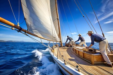 Obraz premium A sailboat gallops under a blue cloudless sky. Crew members work together on deck, with another sailboat visible in the background. The essence of maritime competition and teamwork