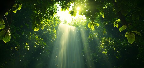 Obraz premium Towering waterfall with mist billowing up, sunlight streaming through the trees, capturing the energy and serenity of untouched nature