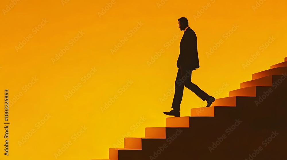 Wall mural A man walking up the stairs, symbolizing progress and success in business or professional life