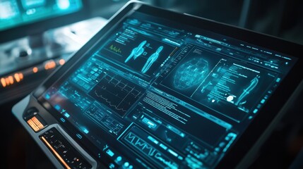 Obraz premium Modern healthcare technology featuring electronic patient records, displayed on a sleek and advanced interface.