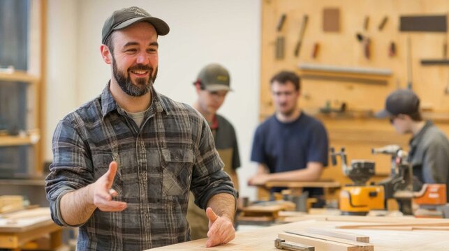 A male instructor teaching woodworking techniques to students in a workshop setting.