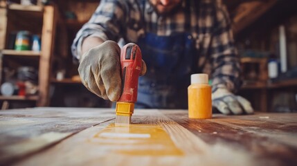 A woodworker applying glue to a wooden surface, preparing for assembly or finishing.