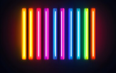 Fototapeta premium Vertical neon light bars in a full rainbow spectrum, glowing brightly on a dark background, symbolizing vibrant energy and colorful harmony