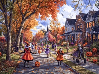 Obraz premium 2408 100.Children dressed in colorful Halloween costumes, including witches, zombies, and animals, happily trick-or-treating through a spooky neighborhood. The scene captures the joy of Halloween,