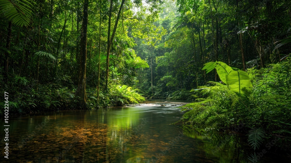 Aufkleber a serene forest scene with a calm stream running through it, surrounded by dense greenery.