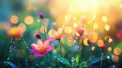 Morning dew glistening on vibrant flowers in a blooming field, offering a beautiful and serene background with copy space.