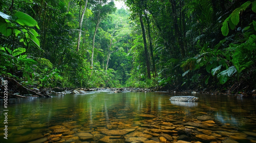 Poster a serene forest scene with a calm stream running through it, surrounded by dense greenery.