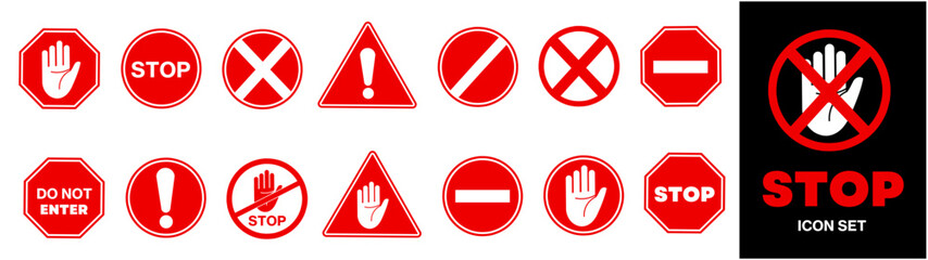 Set stop red sign icon with white hand, do not enter. Warning stop sign - stock vector