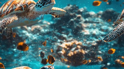 Obraz premium A cluster of sea turtles gliding together on a blue-yellow ocean bottom with vibrant coral surroundings