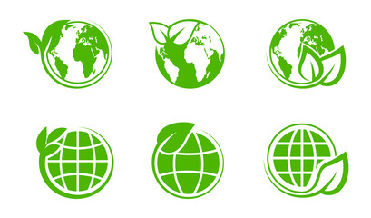 Green earth planet icon set. ECO friendly world icon. Ecology planet. Globe with leaves. Eco environment symbol. Vector illustration.