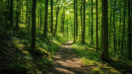 Obraz premium A forest trail with dappled sunlight filtering through the trees, inviting hikers to explore.