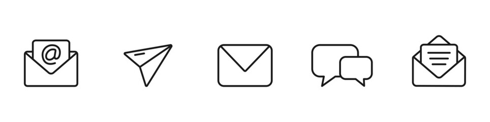 Mail icons set. Message icons collection. Email, mailing, letter, envelope. Editable stroke line icons. Vector illustration.
