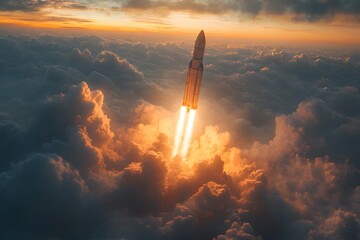 A rocket ascending through the clouds with sunlight illuminating its path.