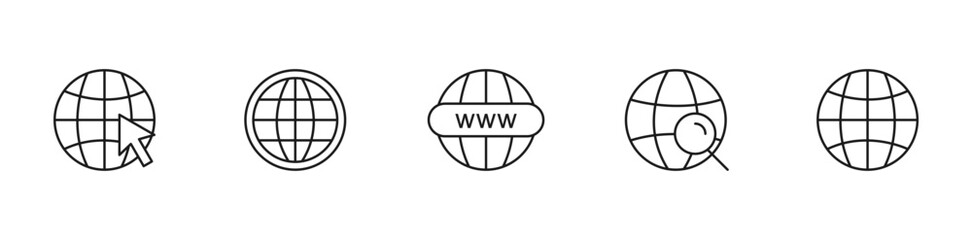 Website icons set. Www icons collection. Address and navigation bar icon. Web icon, website, homepage. Globe symbol. Editable stroke line icons. Vector illustration.