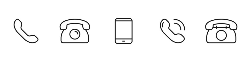 Phone icons set. Communication icons collection. Contact, call, telephone, smartphone, mobile phone. Editable stroke line icons. Vector illustration.