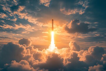 A rocket ascending through the clouds with sunlight illuminating its path.