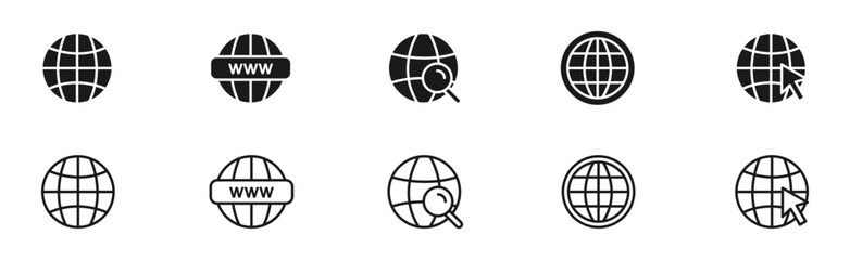 Website icons set. Www icons collection. Address and navigation bar icon. Web icon, website, homepage. Globe symbol. Vector illustration.