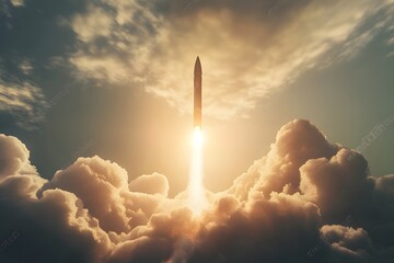 A rocket ascending through the clouds with sunlight illuminating its path.