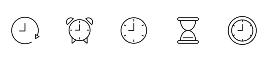 Time and clock icon set. Clock, alarmclock, hourglass. Editable stroke line icons. Vector illustration.