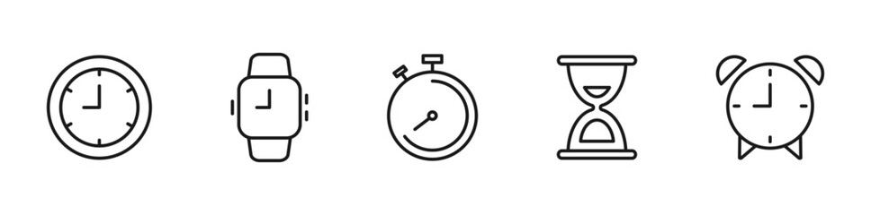 Time and clock icon set. Clock, stopwatch, wristwatch, alarmclock, hourglass. Editable stroke line icons. Vector illustration.