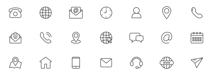 Contact and Web icons set. Business contact us icons. Communication isolated symbols. Phone, email, website and address. Editable stroke line icons. Vector illustration.