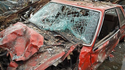 Extensive car damage after collision, including shattered windshield and deformed hood. Relevant for road safety, insurance, and auto repairs.