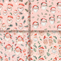 Watercolor Christmas Seamless Pattern with Santa Claus and Festive Elements