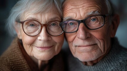 Close-up portrait of an elderly couple, the woman wearing glasses and the man wearing glasses, both looking at the camera.