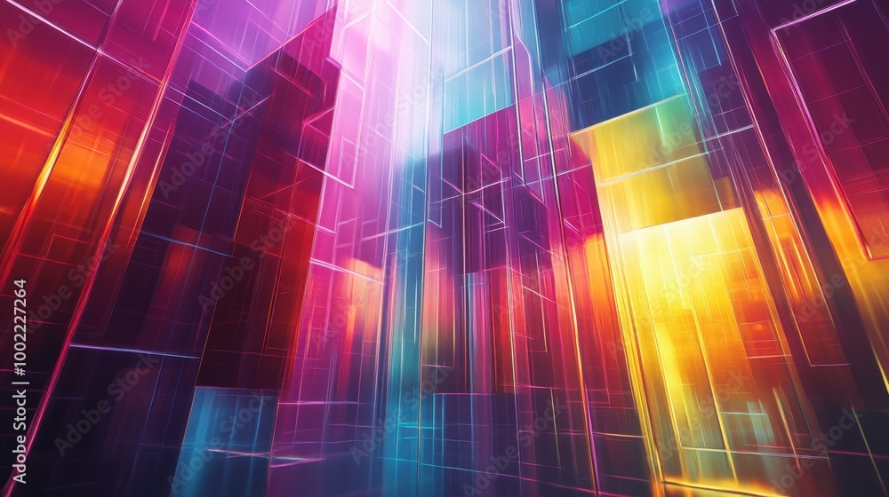 Poster multi-colored gradient lights flowing over abstract architecture, creating a stunning and innovative