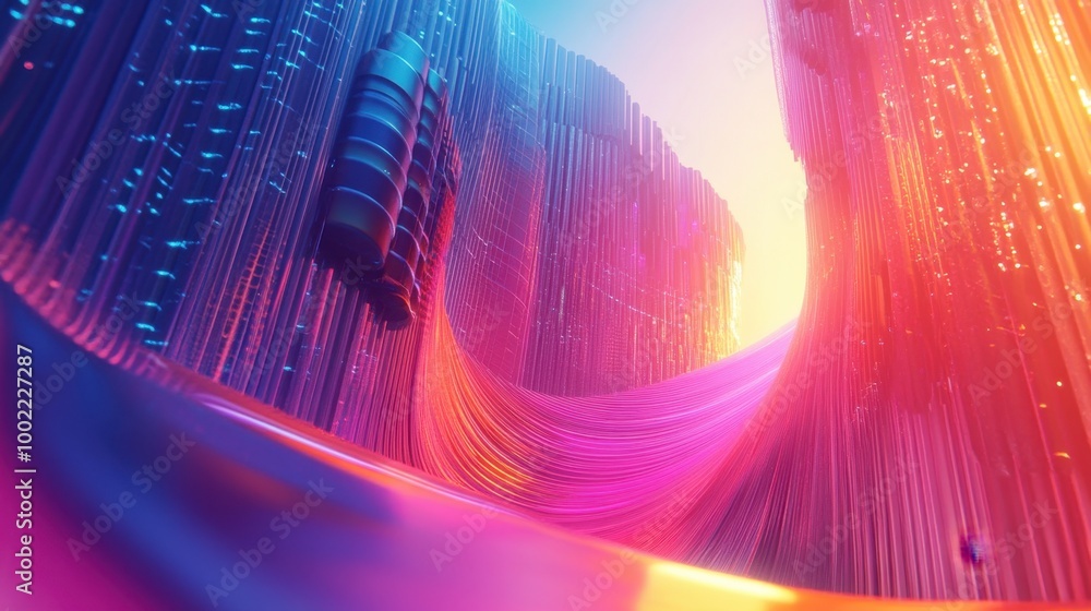 Poster multi-colored gradient lights flowing over abstract architecture, creating a stunning and innovative