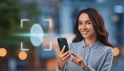 Biometric verification. Girl with smartphone using face ID 