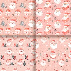 Watercolor Christmas Santa Claus Seamless Pattern Pink Background