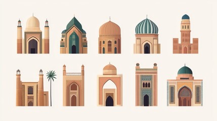 Obraz premium Extensive vector collection showcasing Arabic architectural designs and buildings adorned with captivating geometric patterns.