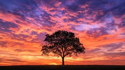 A single, tall tree against a dramatic sunset sky, with vibrant colors and silhouettes.