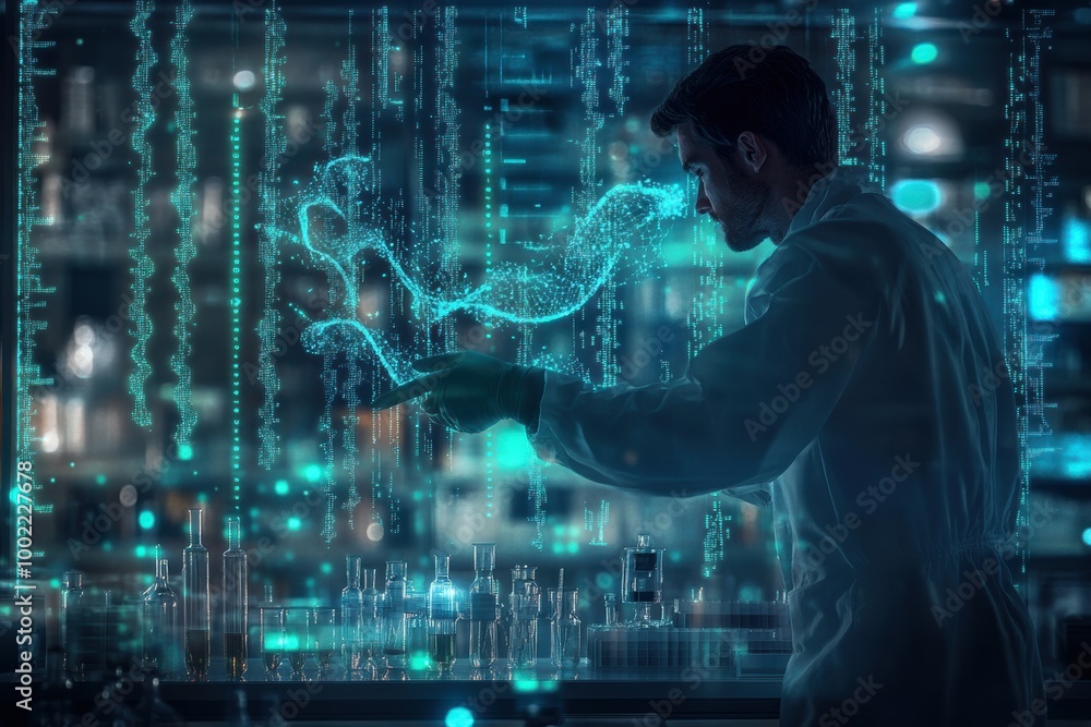 Aufkleber A genetic engineer in a futuristic laboratory manipulating floating holographic DNA strands with advanced technology and equipment. Generative AI