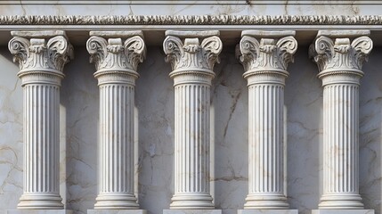 Fototapeta premium Elegant marble columns, reminiscent of ancient Roman and Greek architecture, adorn this image. The intricate designs and flutings of these pillars evoke the grandeur of ancient temples and buildings.