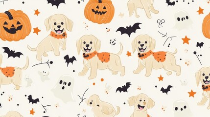 2408 138.A festive Halloween pattern featuring adorable golden retrievers in costumes, with cartoonish pumpkins, floating ghosts, and skulls scattered throughout. The seamless design is lighthearted