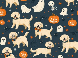 2408 138.A festive Halloween pattern featuring adorable golden retrievers in costumes, with cartoonish pumpkins, floating ghosts, and skulls scattered throughout. The seamless design is lighthearted