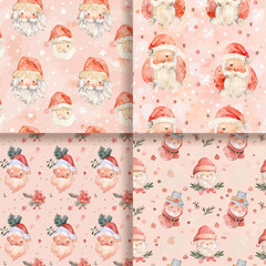 Watercolor Santa Claus Seamless Pattern   Pink Background Christmas Design